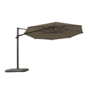 Shelta's new Emery Cantilever umbrella with a Sandstone canopy. Opened up in the sidet tilt position.