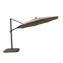Shelta's new Emery Cantilever umbrella with a Sandstone canopy. Opened up in the lowest tilt position.