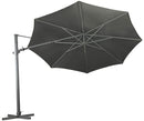 Shelta's Regis 3.5m octagonal cantilever umbrella with a Light Grey canopy. Tilted on its side showing the underside of the canopy. On a cross frame stand with no ballast weights.