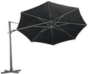 Shelta's Regis 3.5m octagonal cantilever umbrella with a Dark Grey canopy. Tilted on its side showing the underside of the canopy. On a cross frame stand with no ballast weights.