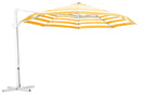 Yellow and white striped shelta Savannah cantilever umbrella on a white background