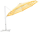 Yellow and white striped shelta Savannah cantilever umbrella tilted back. On a white background