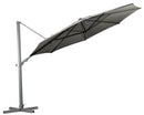 Shelta's Regis 3.5m octagonal cantilever umbrella with a boulder grey canopy. Tilted back showing the side of the canopy. On a cross frame stand with no ballast weights.