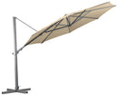 Shelta's Regis 3.5m octagonal cantilever umbrella with a natural  canopy. Tilted back showing the side of the canopy. On a cross frame stand with no ballast weights.