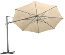 Shelta's Regis 3.5m octagonal cantilever umbrella with a Natural canopy. Tilted on its side showing the underside of the canopy. On a cross frame stand with no ballast weights.