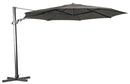 Shelta's Regis 3.5m octagonal cantilever umbrella with a boulder grey  canopy. In normal position. On a cross frame stand with no ballast weights.