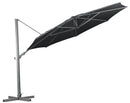 Shelta's Regis 3.5m octagonal cantilever umbrella with a charcoal ridge canopy. Tilted back and showing the side of the canopy. On a cross frame stand with no ballast weights.
