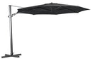 Shelta's Regis 3.5m octagonal cantilever umbrella with a charcoal ridge  canopy. In normal position. On a cross frame stand with no ballast weights.