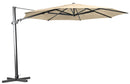 Shelta's Regis 3.5m octagonal cantilever umbrella with a natural  canopy. In normal position. On a cross frame stand with no ballast weights.